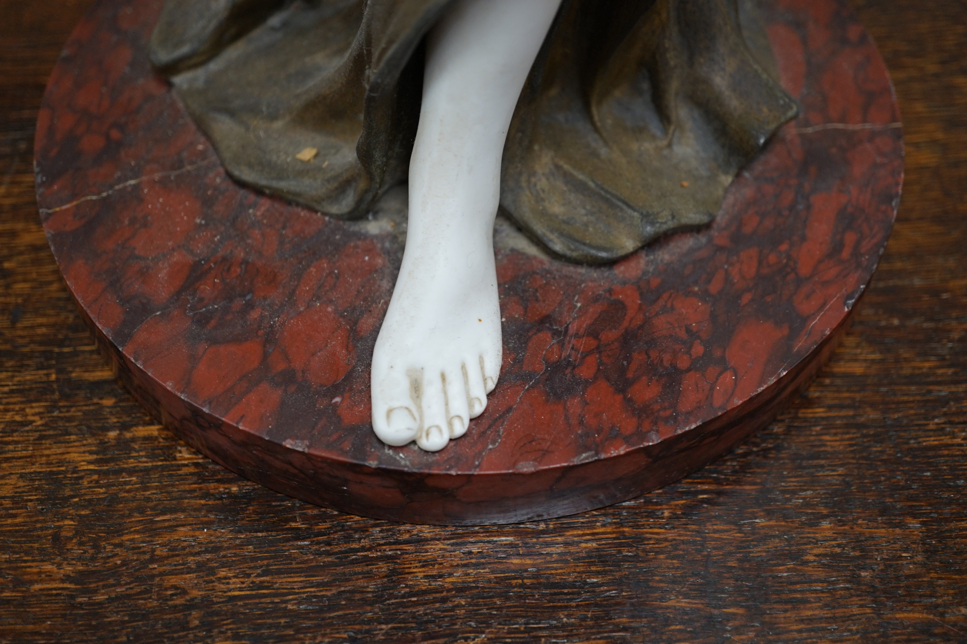 An Art Nouveau gilt-spelter and bisque figural table lamp, on rouge marble base, jewelled gilt-spelter shade, 73cm tall